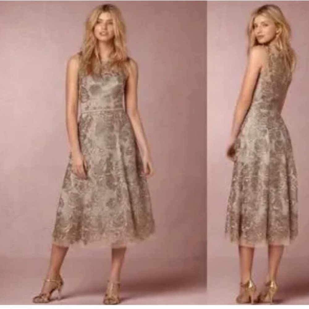 BHLDN Anthropologie Hitherto Eleanor Gold Lace Sleeveless Midi Dress Size 6